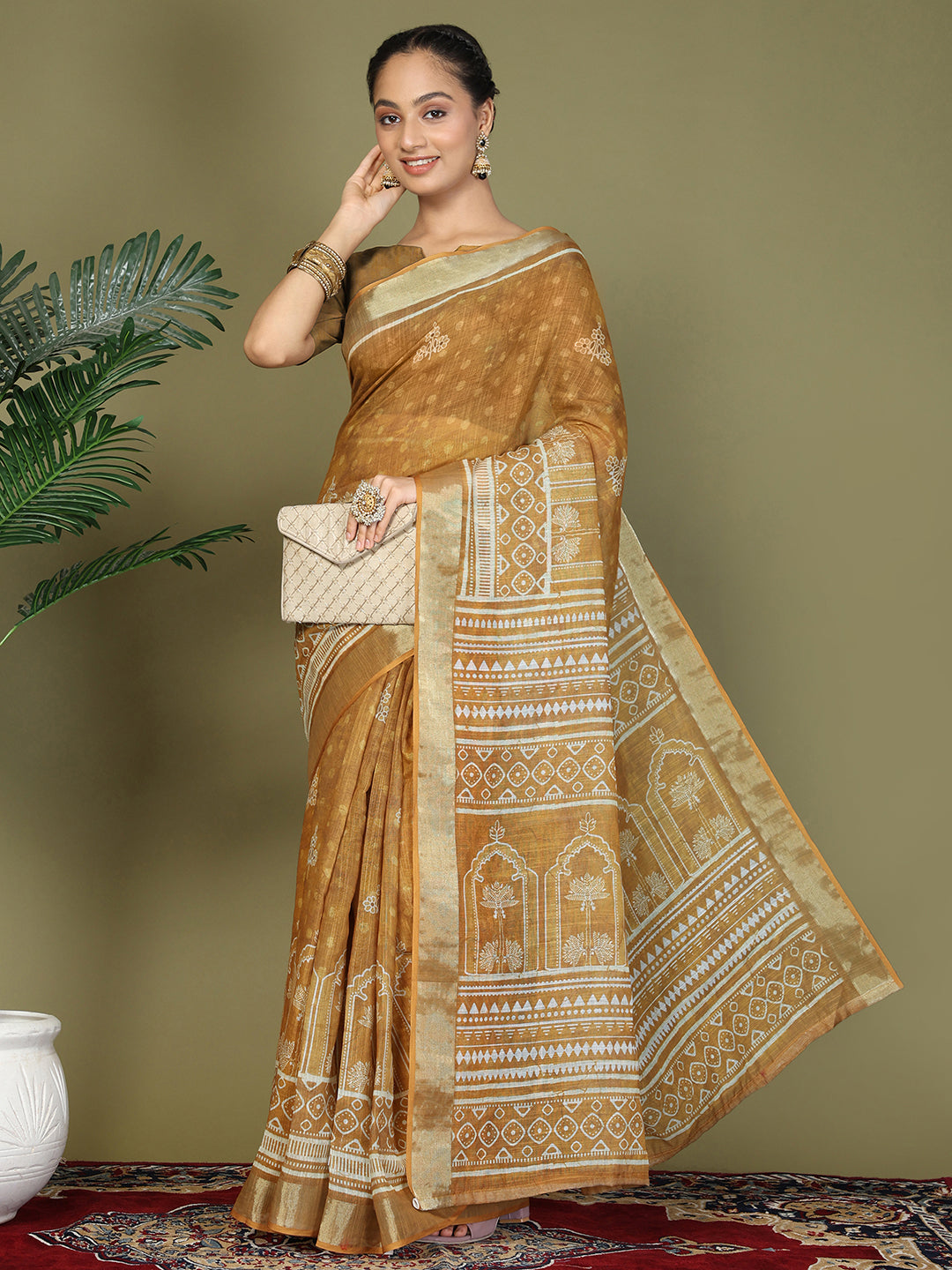 Ready to Wear Printed Cotton Linen Saree with Ethnic Designer Pallu & Border-golden