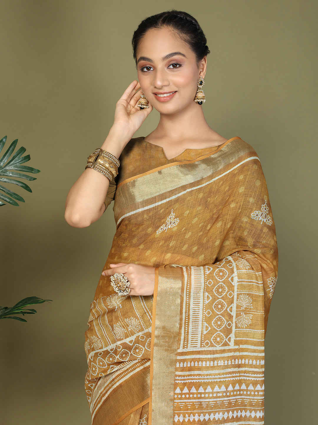 Ready to Wear Printed Cotton Linen Saree with Ethnic Designer Pallu & Border-golden