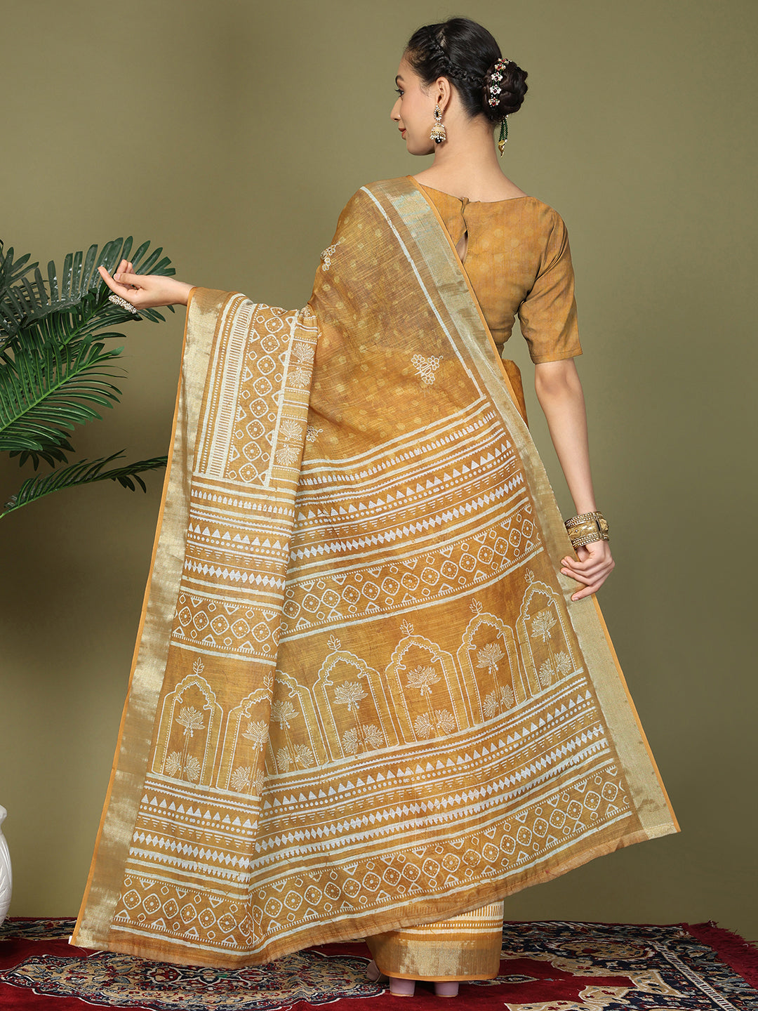 Ready to Wear Printed Cotton Linen Saree with Ethnic Designer Pallu & Border-golden