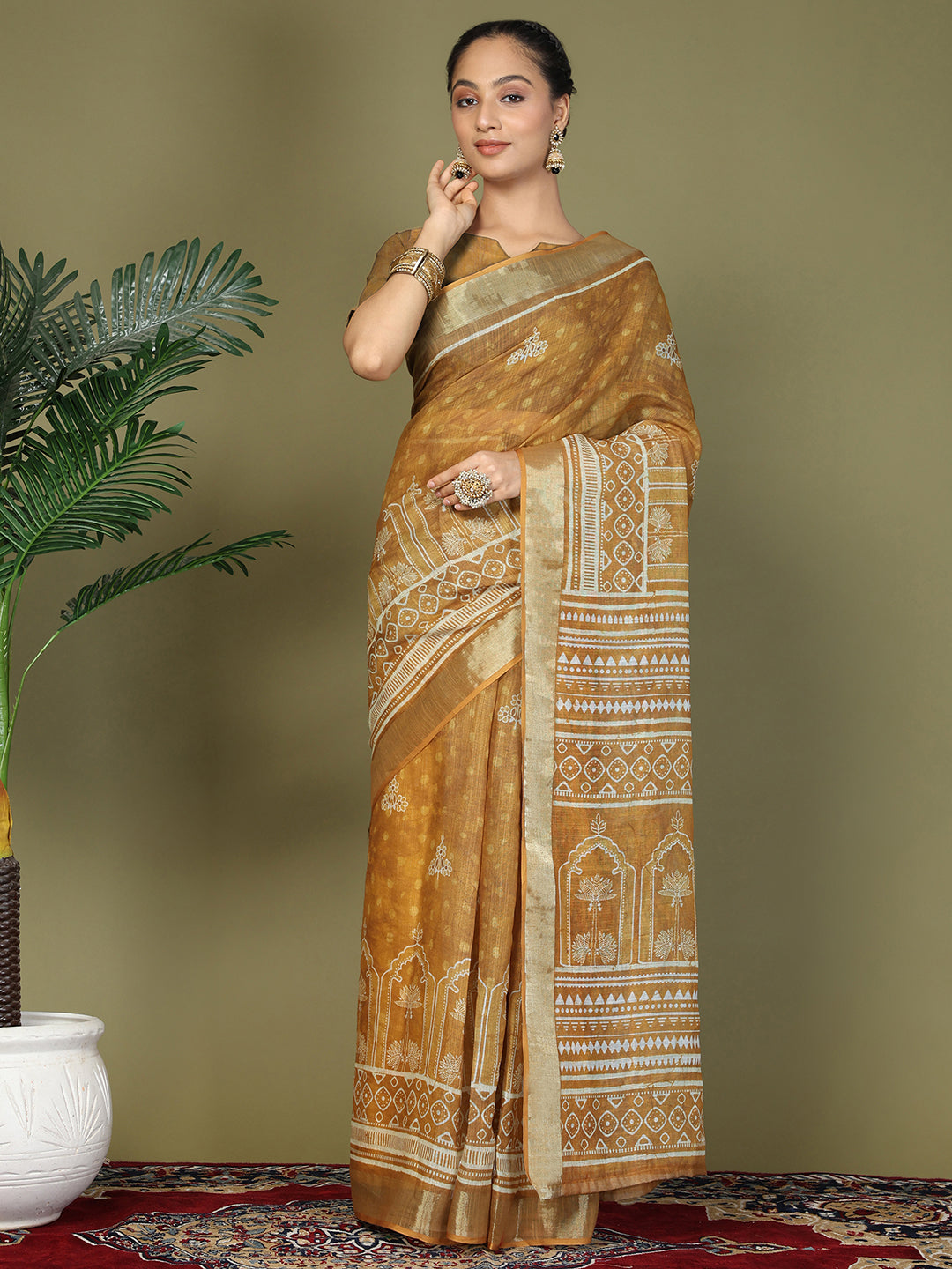 Ready to Wear Printed Cotton Linen Saree with Ethnic Designer Pallu & Border-golden