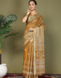 Ready to Wear Printed Cotton Linen Saree with Ethnic Designer Pallu & Border-golden
