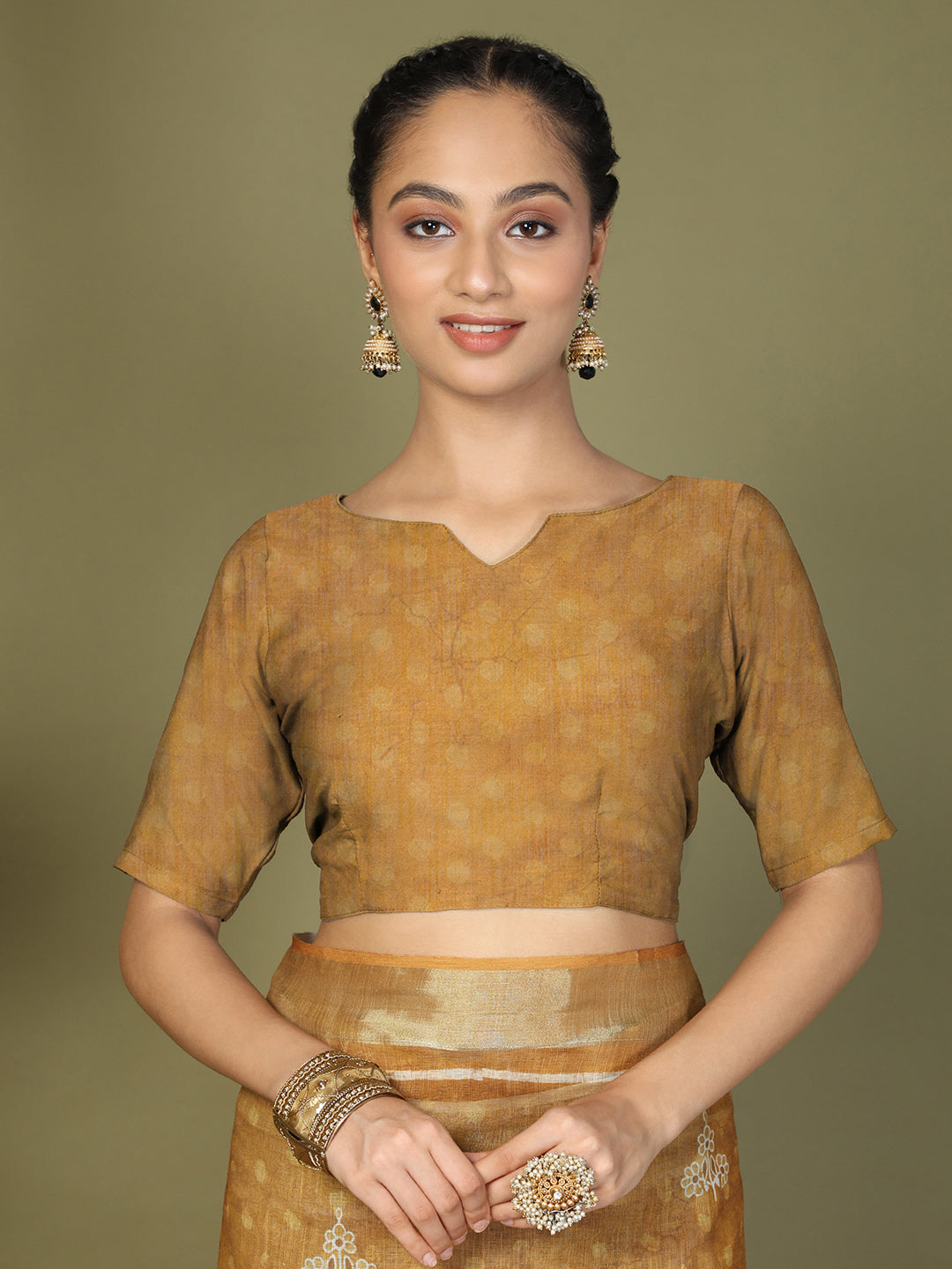 Ready to Wear Printed Cotton Linen Saree with Ethnic Designer Pallu & Border-golden