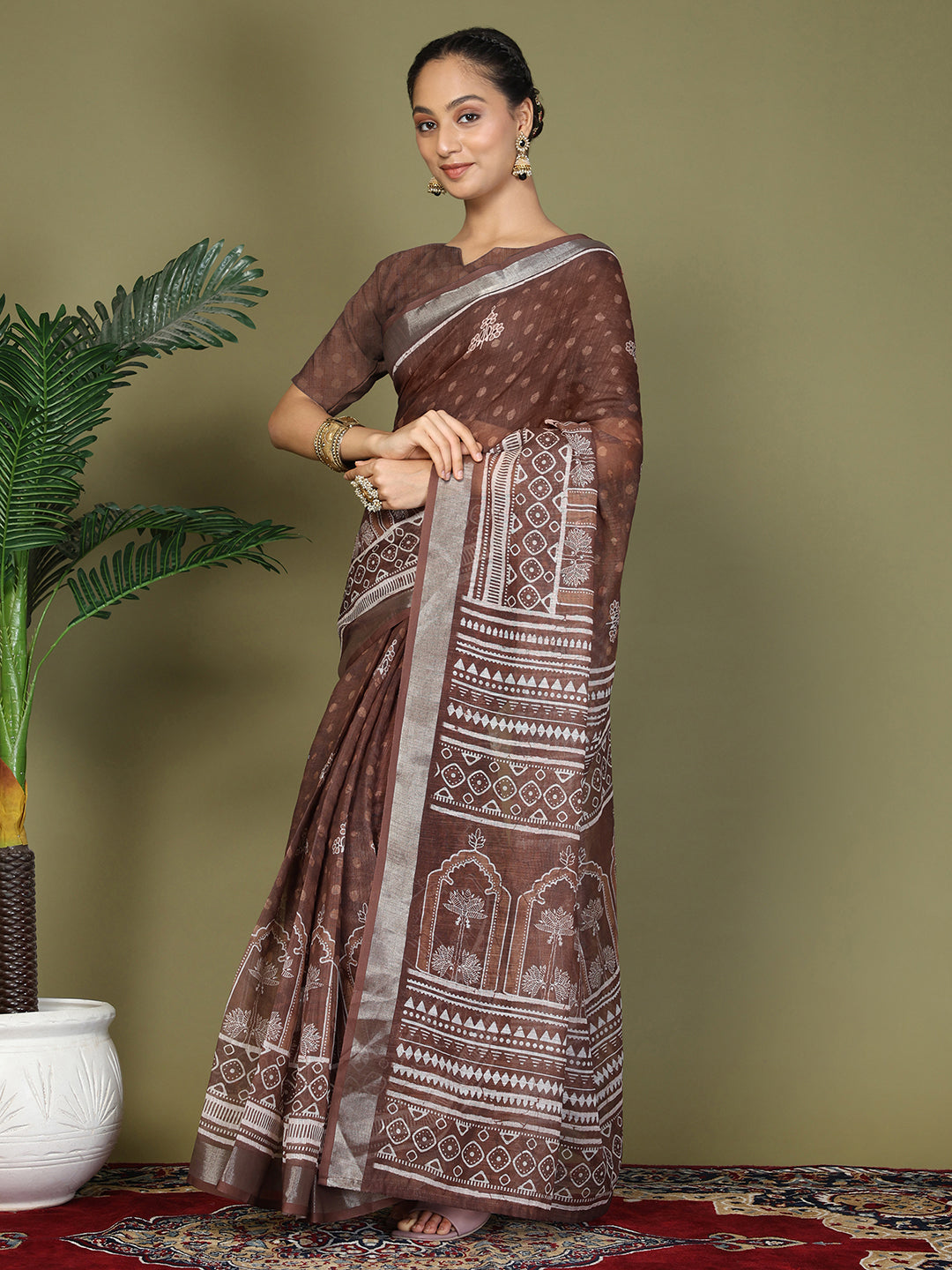 Ready to Wear Printed Cotton Linen Saree with Ethnic Designer Pallu & Border-Brown