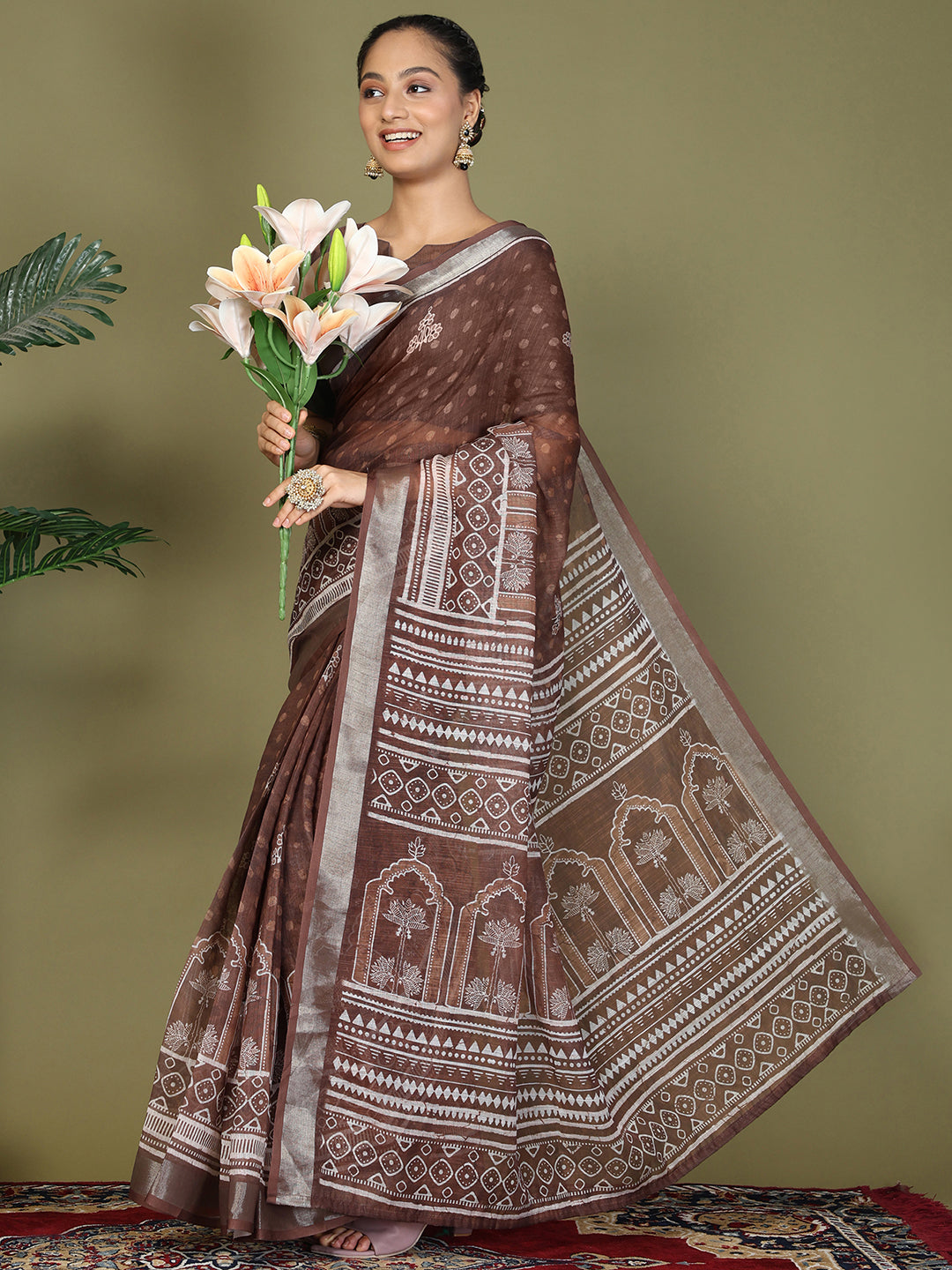 Ready to Wear Printed Cotton Linen Saree with Ethnic Designer Pallu & Border-Brown