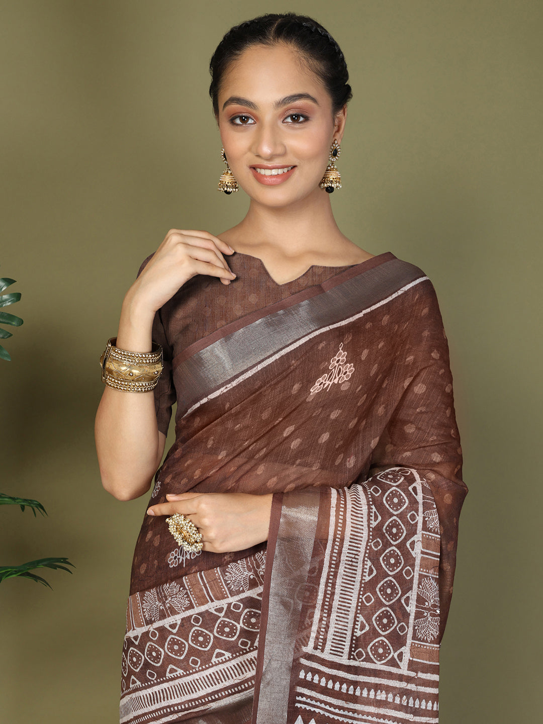 Ready to Wear Printed Cotton Linen Saree with Ethnic Designer Pallu & Border-Brown