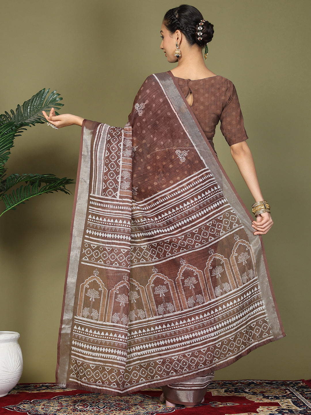 Ready to Wear Printed Cotton Linen Saree with Ethnic Designer Pallu & Border-Brown