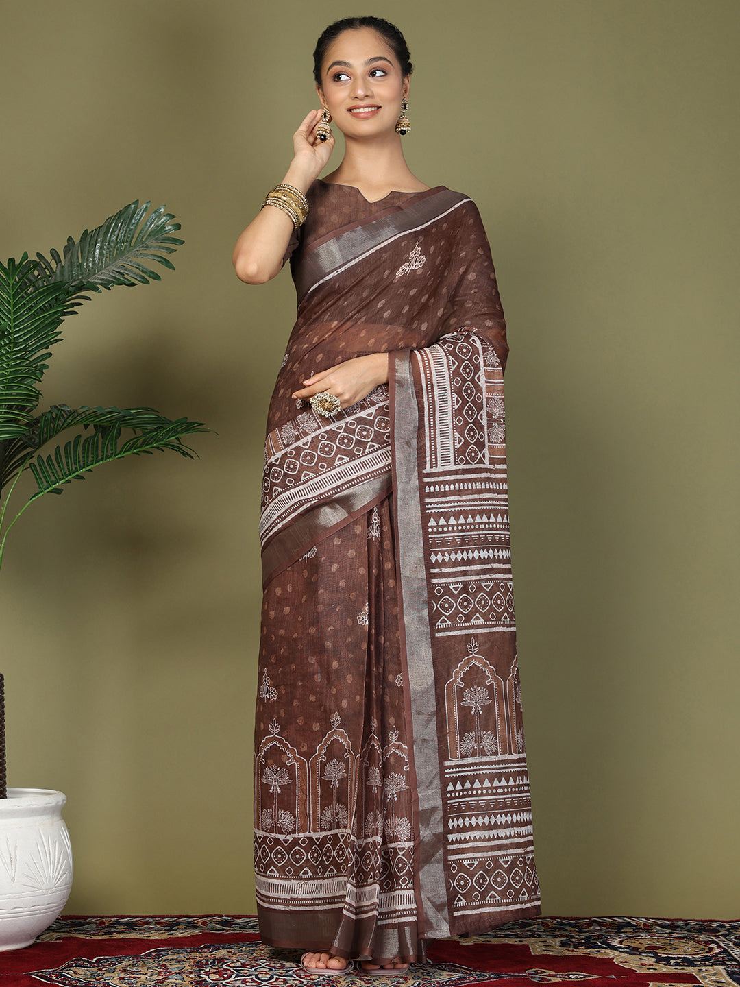 Ready to Wear Printed Cotton Linen Saree with Ethnic Designer Pallu & Border-Brown