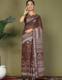 Ready to Wear Printed Cotton Linen Saree with Ethnic Designer Pallu & Border-Brown