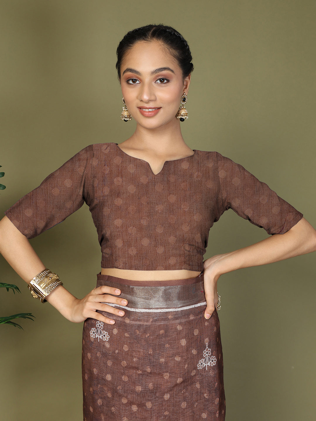 Ready to Wear Printed Cotton Linen Saree with Ethnic Designer Pallu & Border-Brown