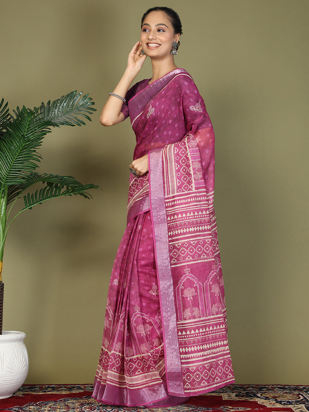 Ready to Wear Printed Cotton Linen Saree with Ethnic Designer Pallu & Border-Purple