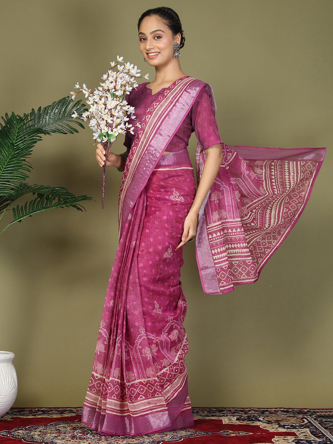 Ready to Wear Printed Cotton Linen Saree with Ethnic Designer Pallu & Border-Purple