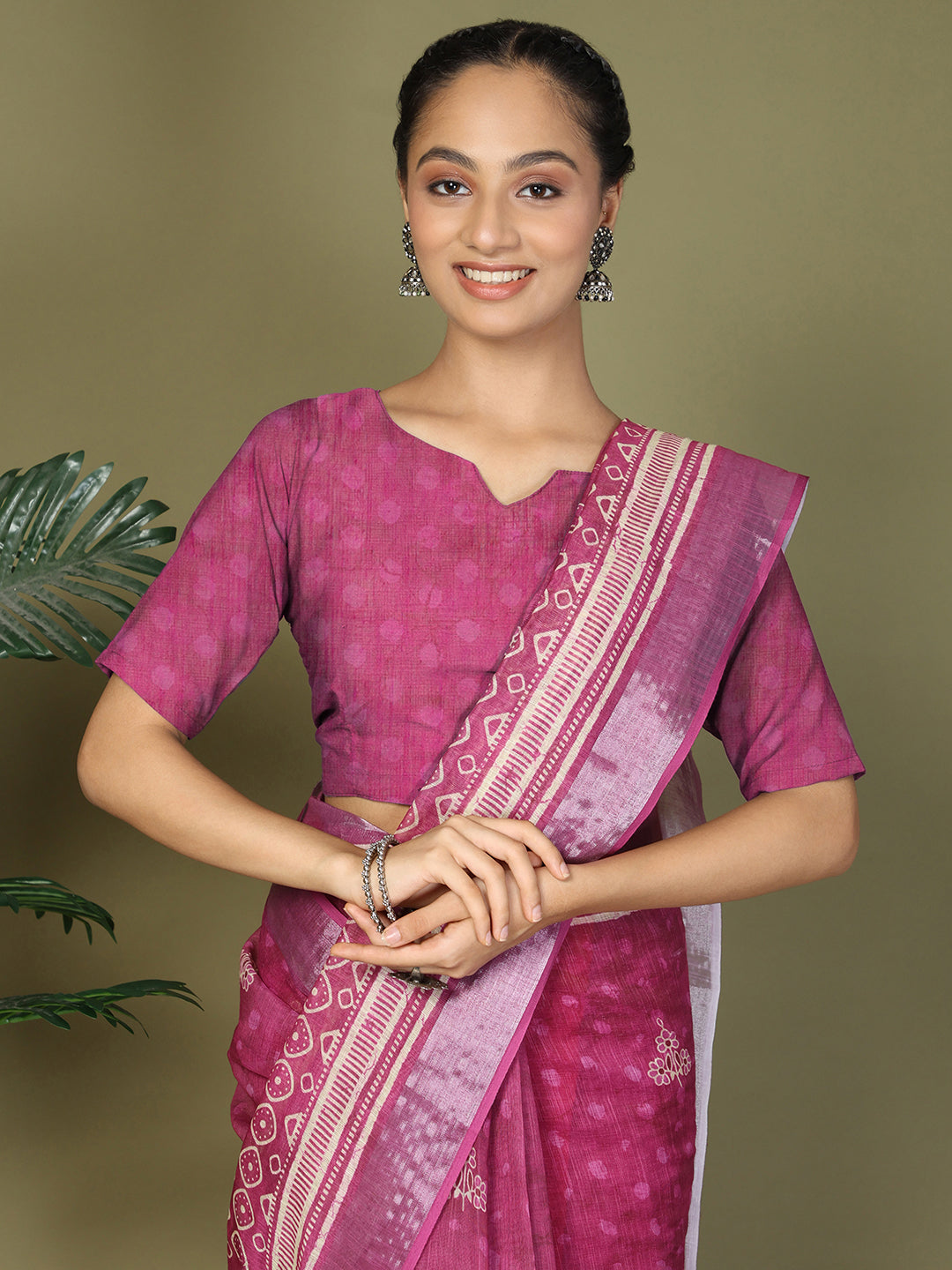 Ready to Wear Printed Cotton Linen Saree with Ethnic Designer Pallu & Border-Purple