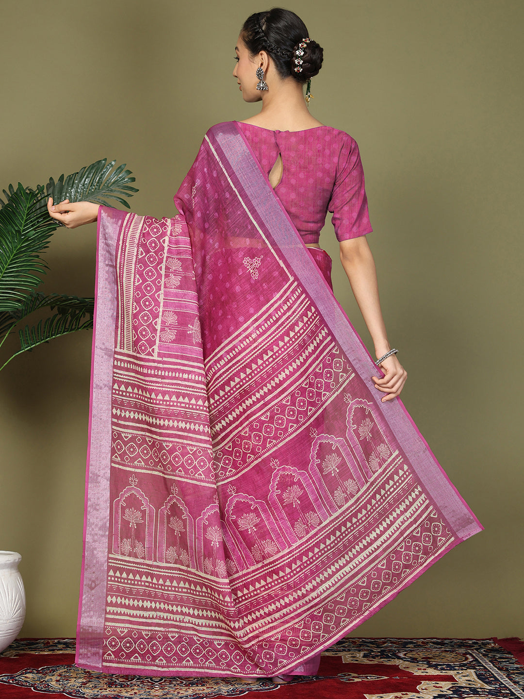 Ready to Wear Printed Cotton Linen Saree with Ethnic Designer Pallu & Border-Purple