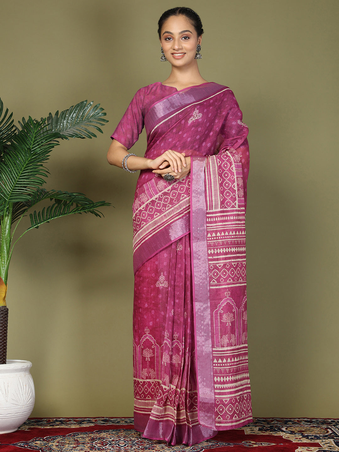 Ready to Wear Printed Cotton Linen Saree with Ethnic Designer Pallu & Border-Purple