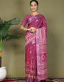 Ready to Wear Printed Cotton Linen Saree with Ethnic Designer Pallu & Border-Purple