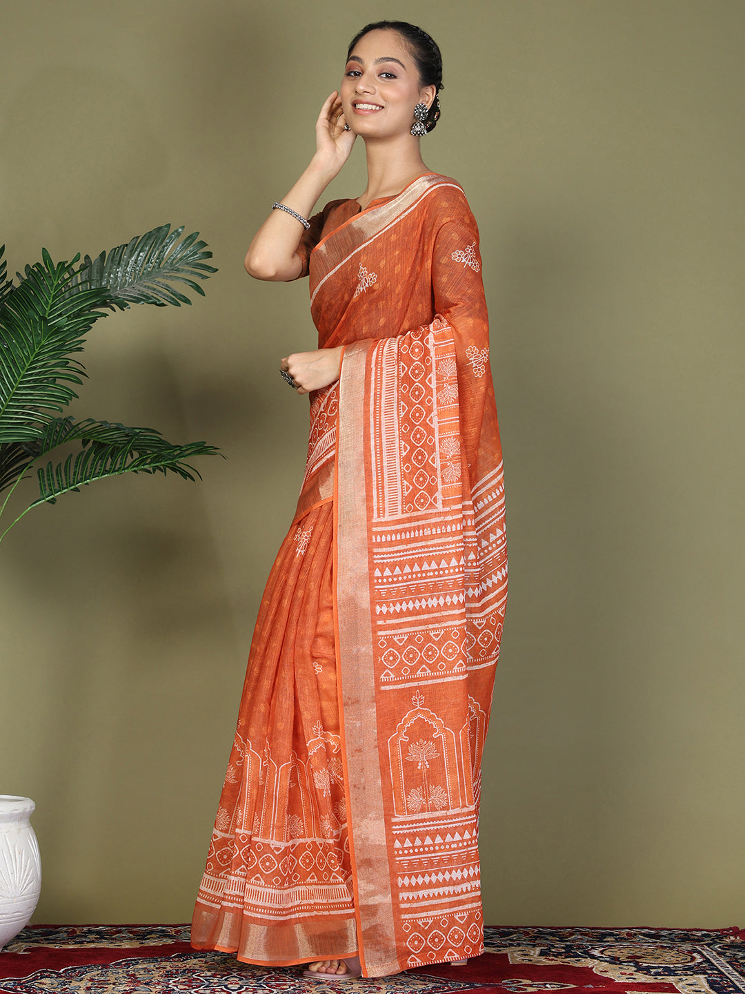 Ready to Wear Printed Cotton Linen Saree with Ethnic Designer Pallu & Border-Orange