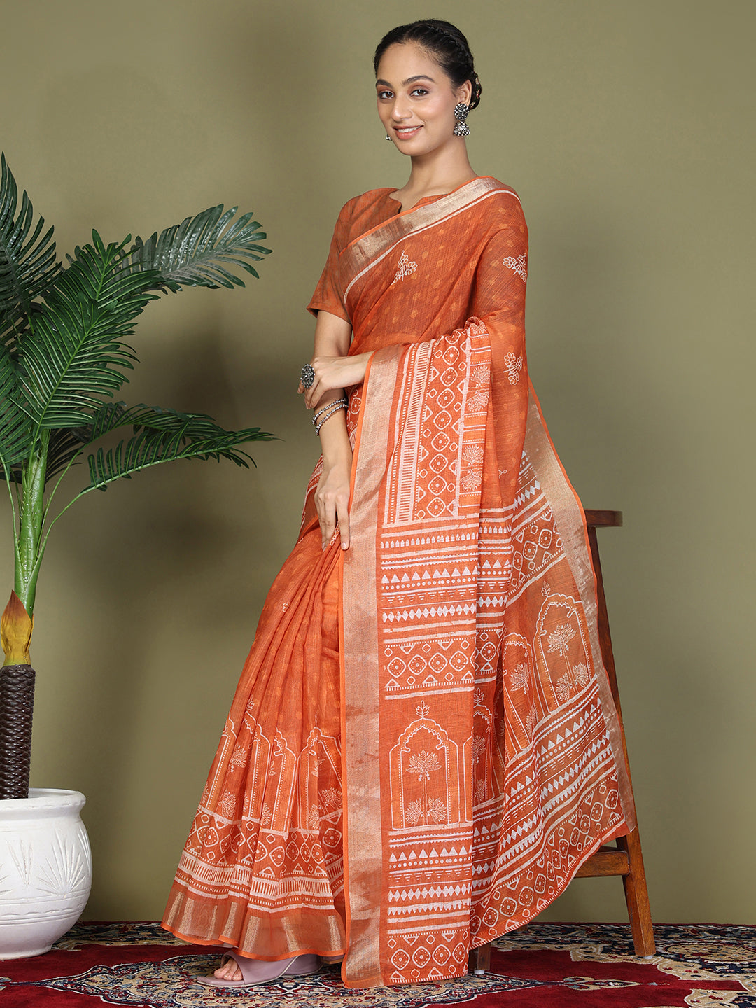Ready to Wear Printed Cotton Linen Saree with Ethnic Designer Pallu & Border-Orange