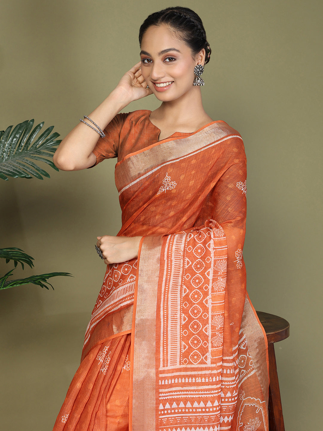 Ready to Wear Printed Cotton Linen Saree with Ethnic Designer Pallu & Border-Orange