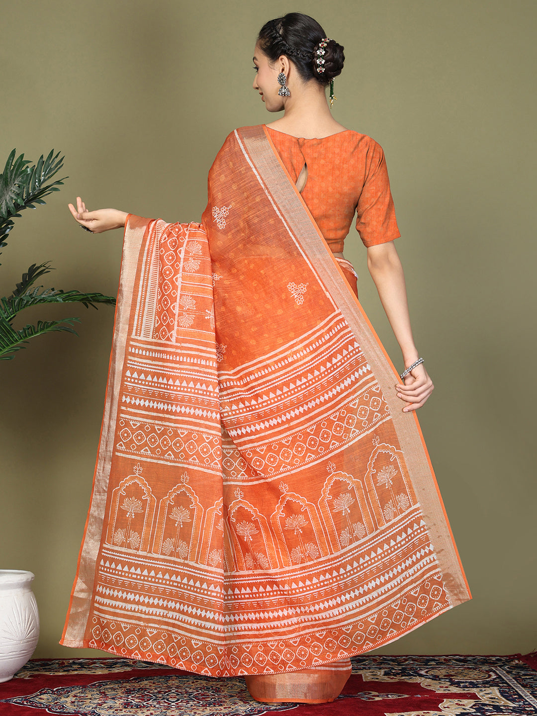 Ready to Wear Printed Cotton Linen Saree with Ethnic Designer Pallu & Border-Orange
