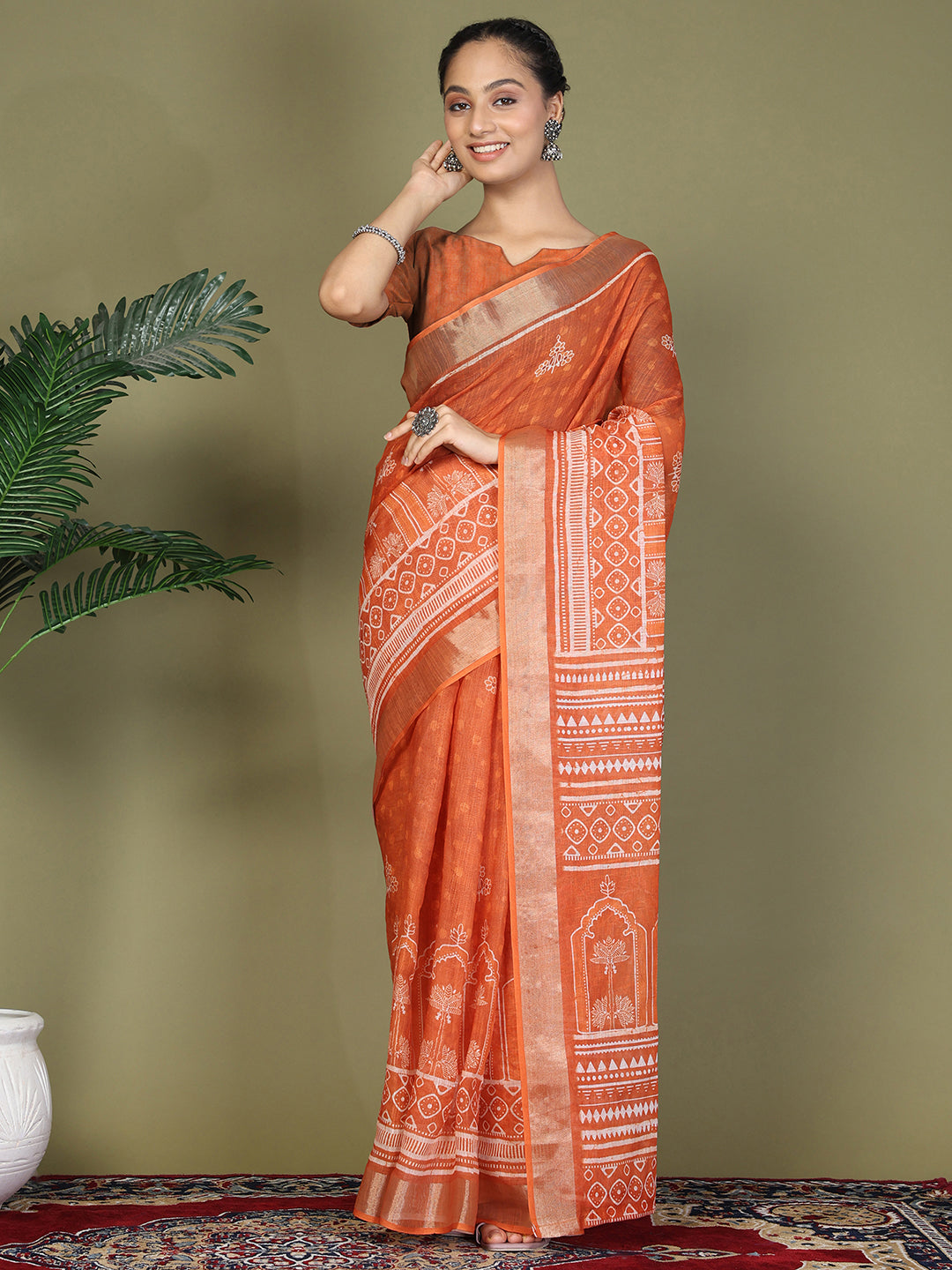 Ready to Wear Printed Cotton Linen Saree with Ethnic Designer Pallu & Border-Orange