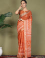 Ready to Wear Printed Cotton Linen Saree with Ethnic Designer Pallu & Border-Orange