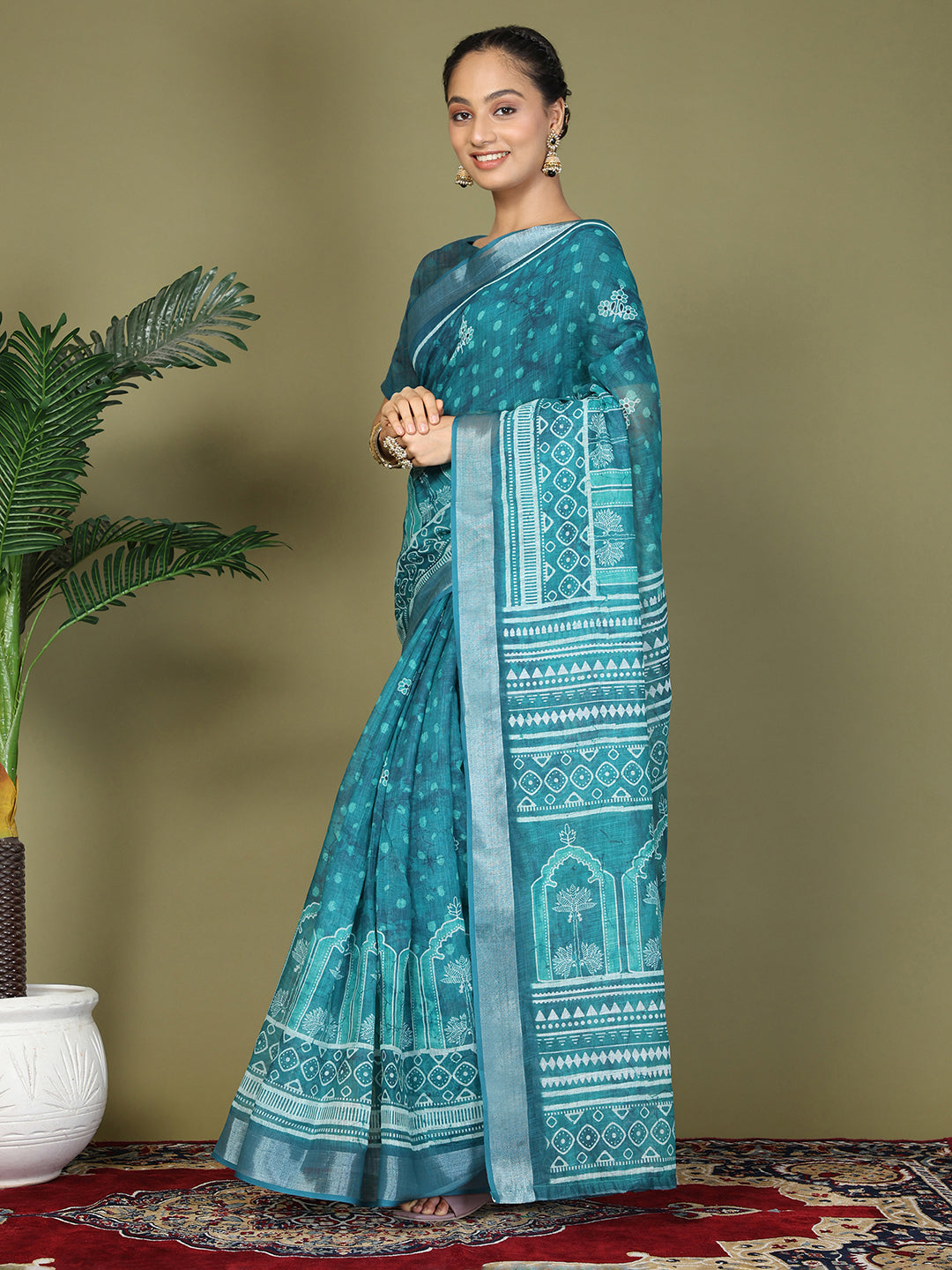Ready to Wear Printed Cotton Linen Saree with Ethnic Designer Pallu & Border-Sea Green