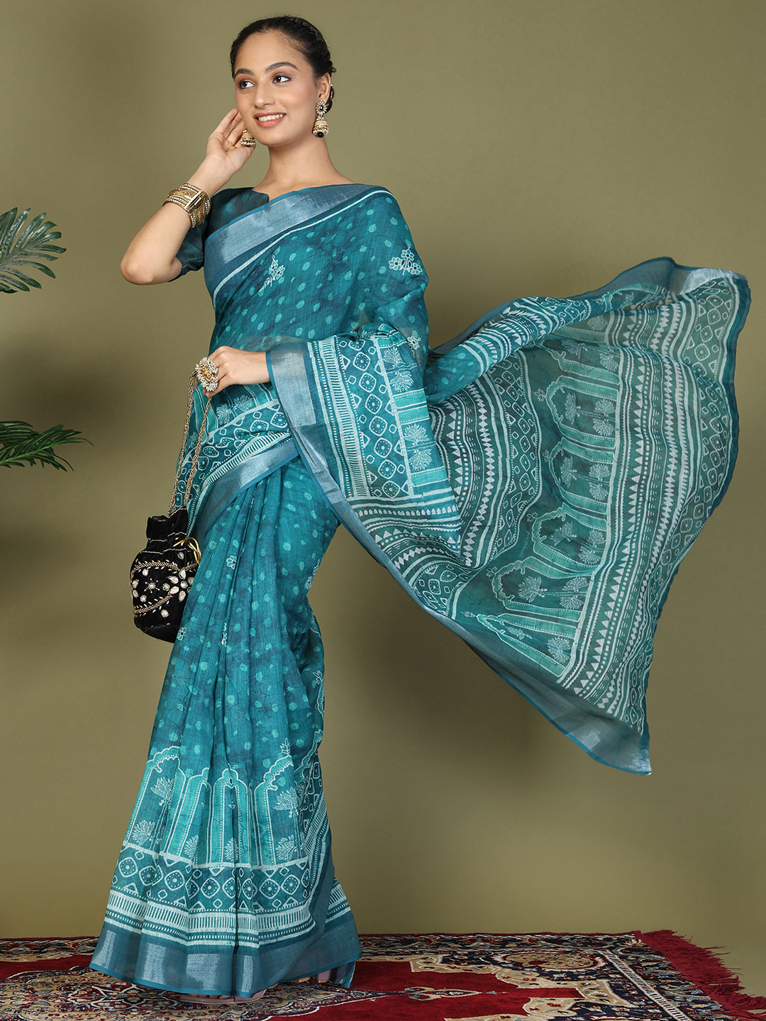 Ready to Wear Printed Cotton Linen Saree with Ethnic Designer Pallu & Border-Sea Green