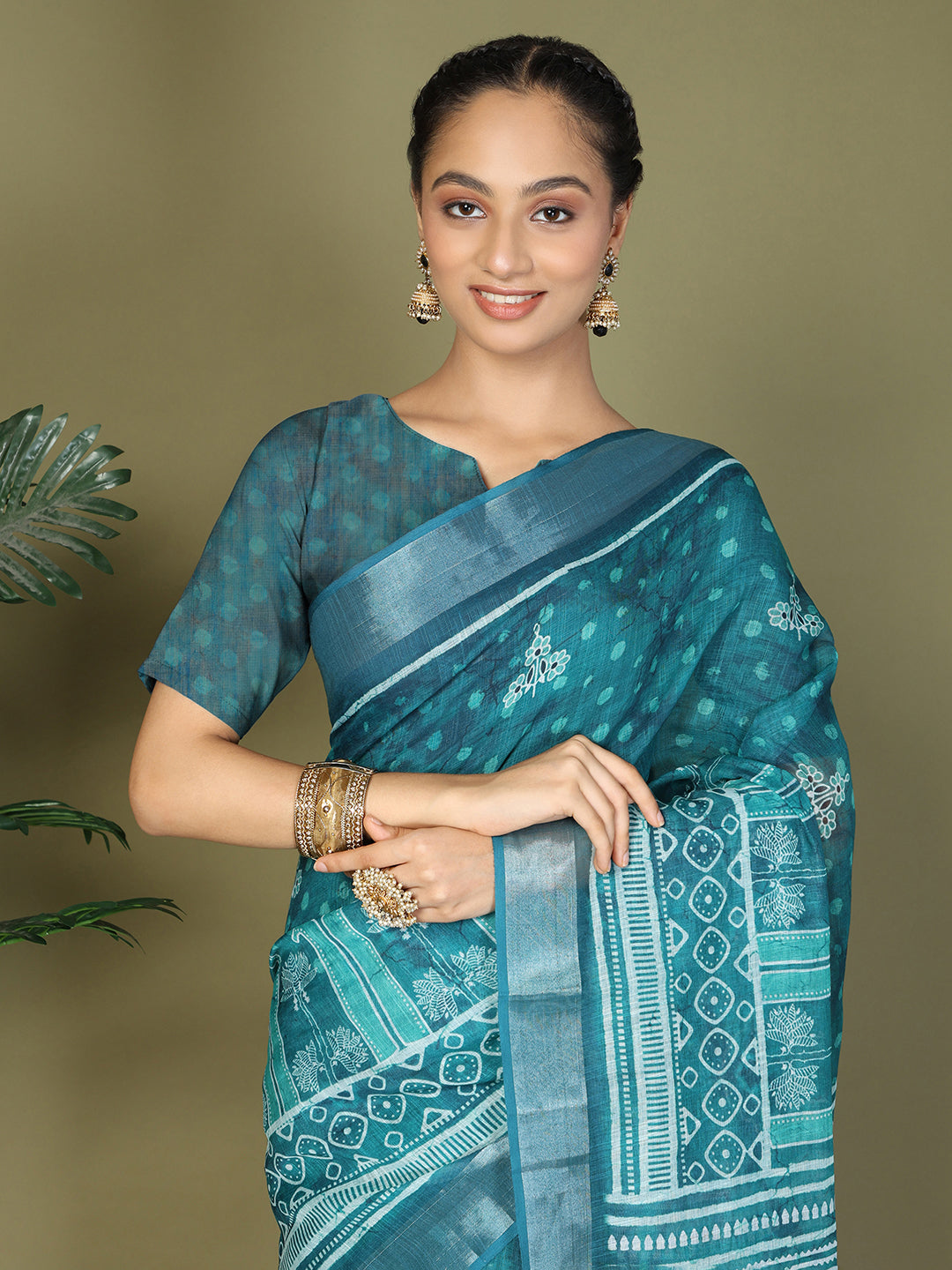 Ready to Wear Printed Cotton Linen Saree with Ethnic Designer Pallu & Border-Sea Green