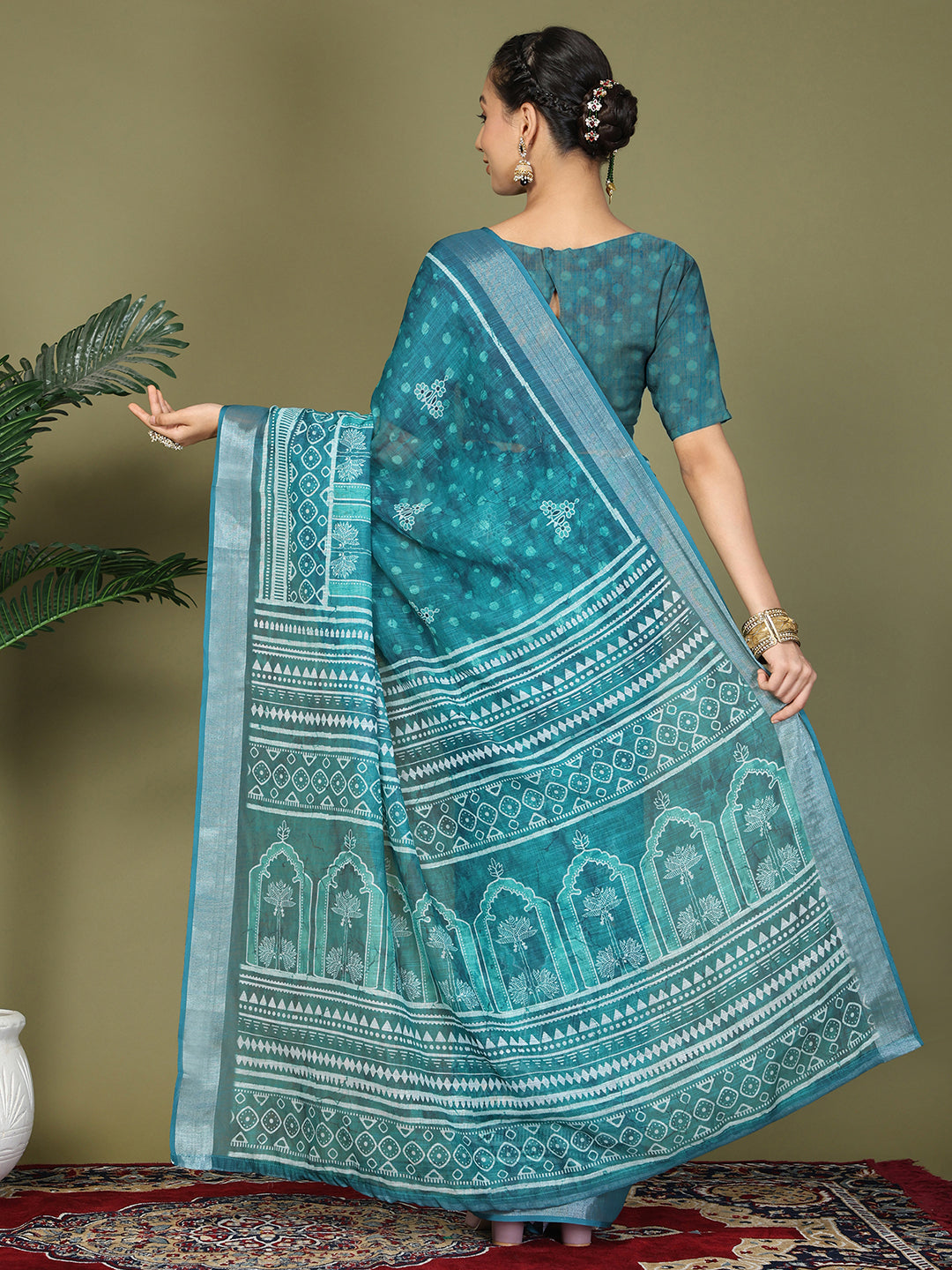 Ready to Wear Printed Cotton Linen Saree with Ethnic Designer Pallu & Border-Sea Green