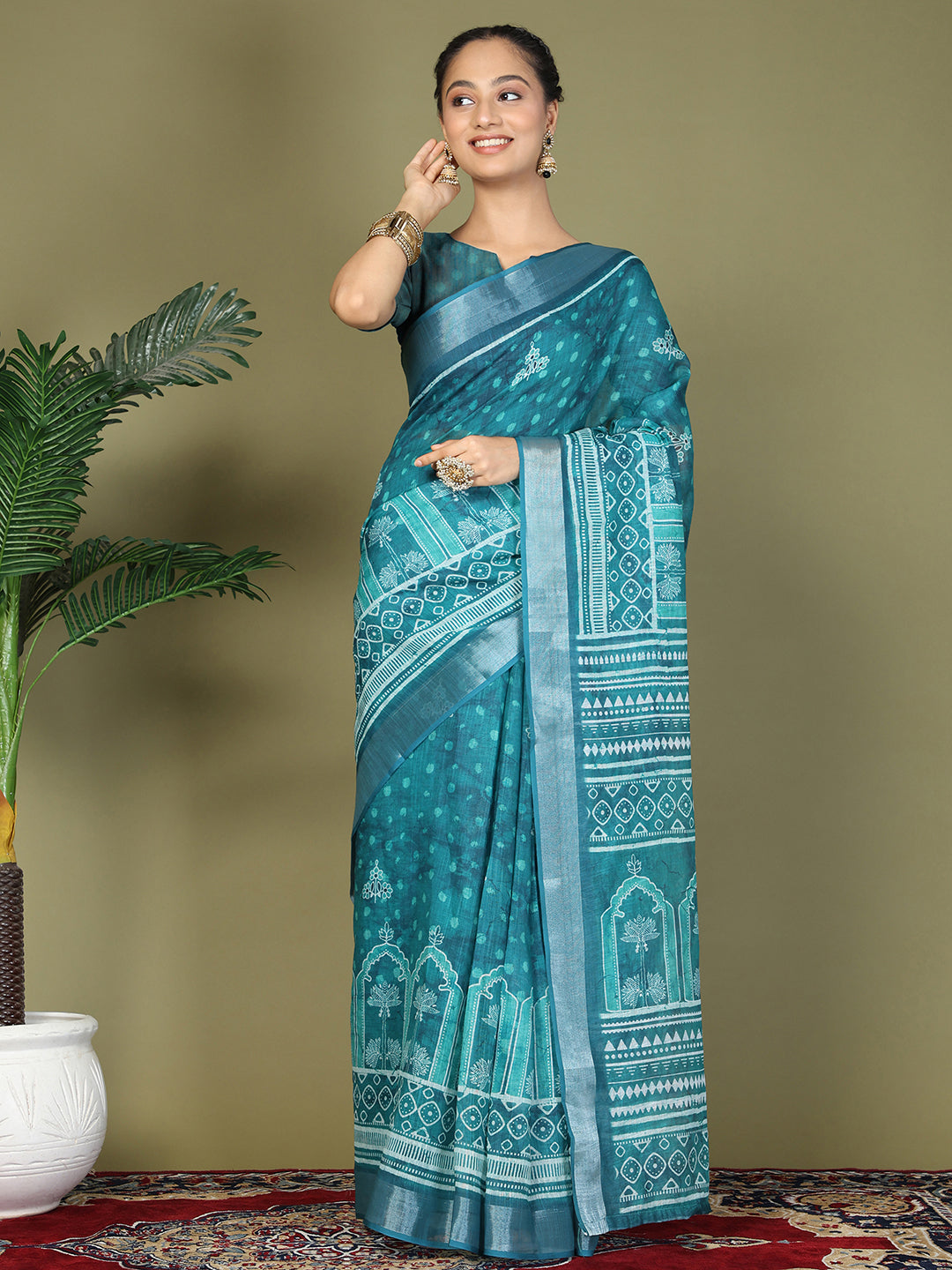 Ready to Wear Printed Cotton Linen Saree with Ethnic Designer Pallu & Border-Sea Green