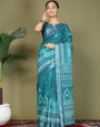 Ready to Wear Printed Cotton Linen Saree with Ethnic Designer Pallu & Border-Sea Green