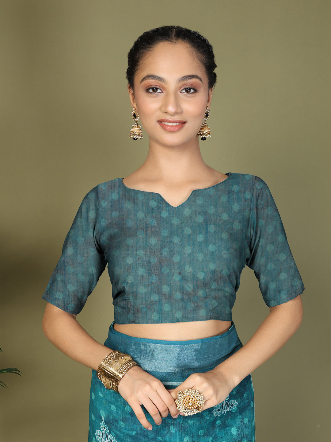 Ready to Wear Printed Cotton Linen Saree with Ethnic Designer Pallu & Border-Sea Green