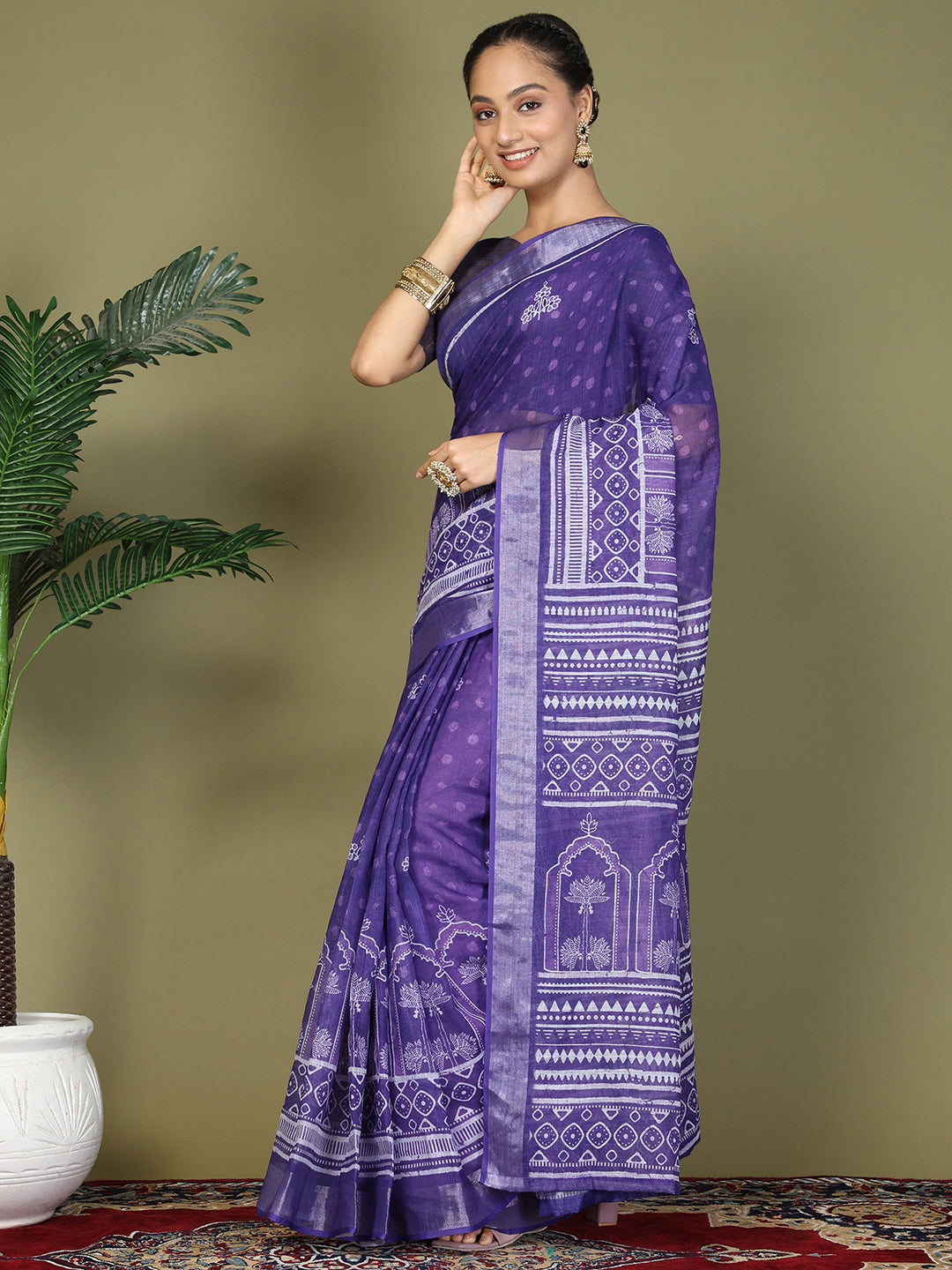 Ready to Wear Printed Cotton Linen Saree with Ethnic Designer Pallu & Border-Violet