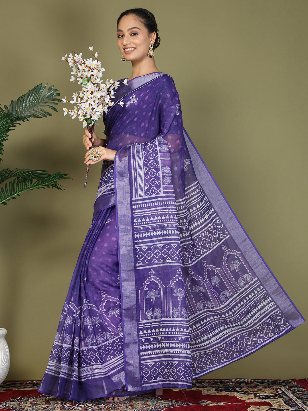 Ready to Wear Printed Cotton Linen Saree with Ethnic Designer Pallu & Border-Violet