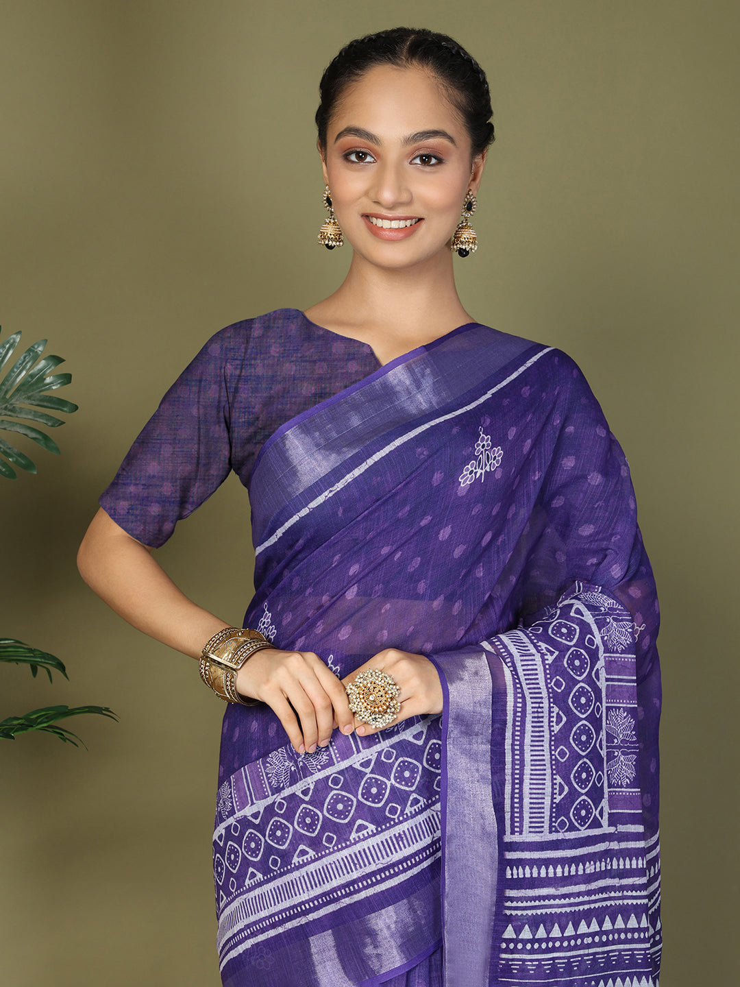 Ready to Wear Printed Cotton Linen Saree with Ethnic Designer Pallu & Border-Violet