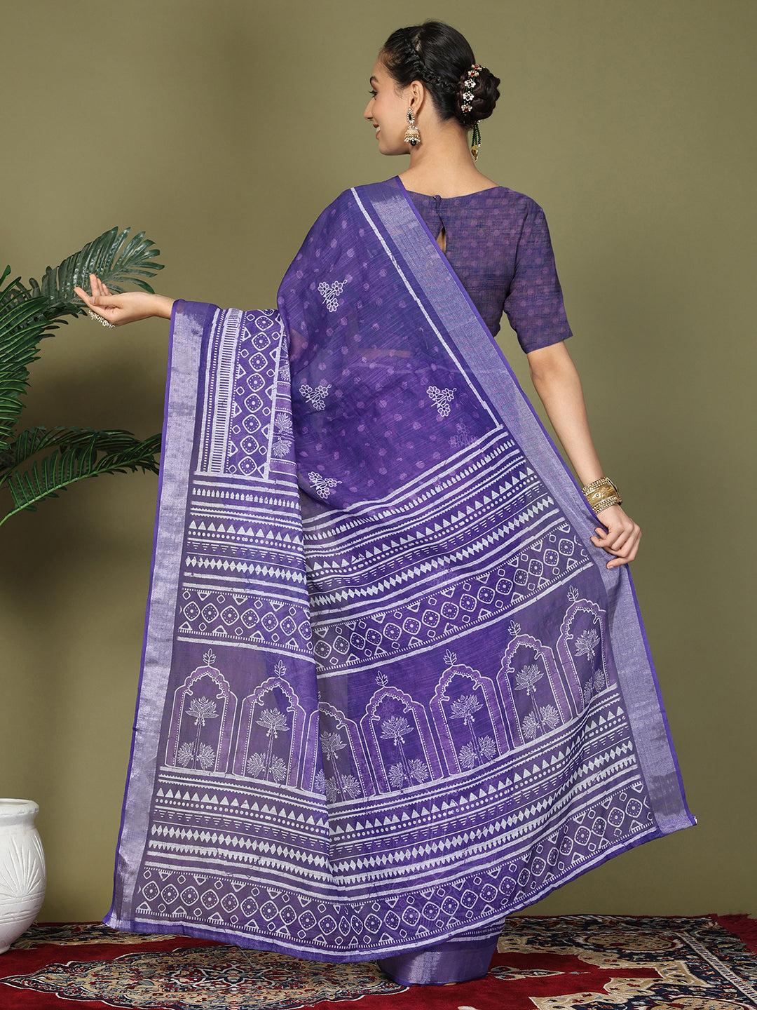 Ready to Wear Printed Cotton Linen Saree with Ethnic Designer Pallu & Border-Violet