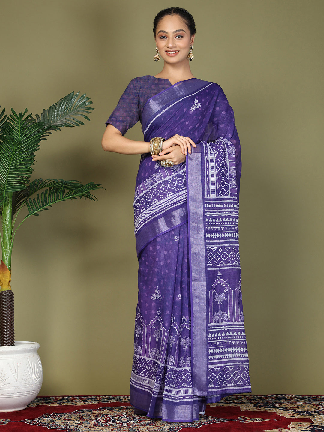 Ready to Wear Printed Cotton Linen Saree with Ethnic Designer Pallu & Border-Violet