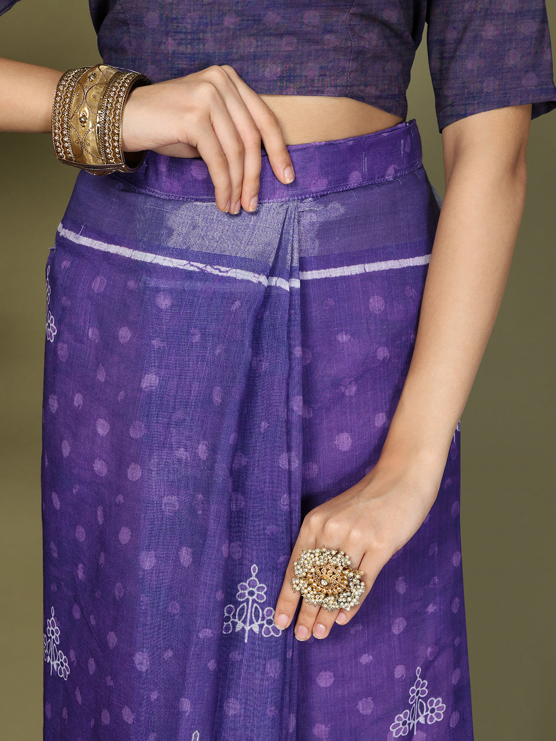 Ready to Wear Printed Cotton Linen Saree with Ethnic Designer Pallu & Border-Violet