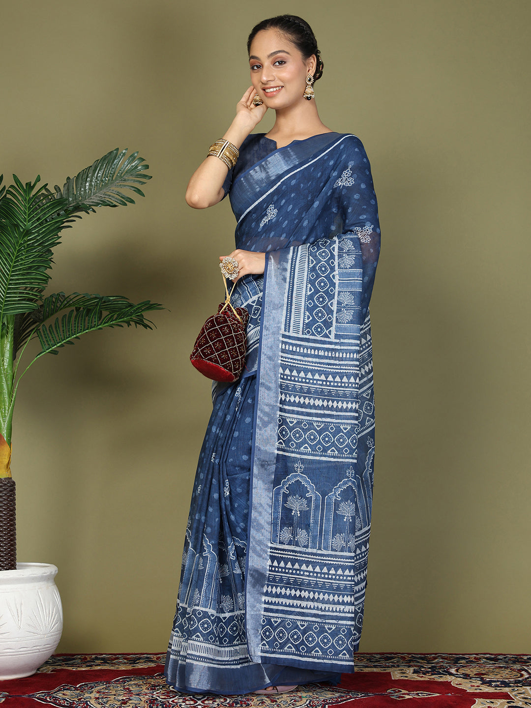 Ready to Wear Printed Cotton Linen Saree with Ethnic Designer Pallu & Border-Blue