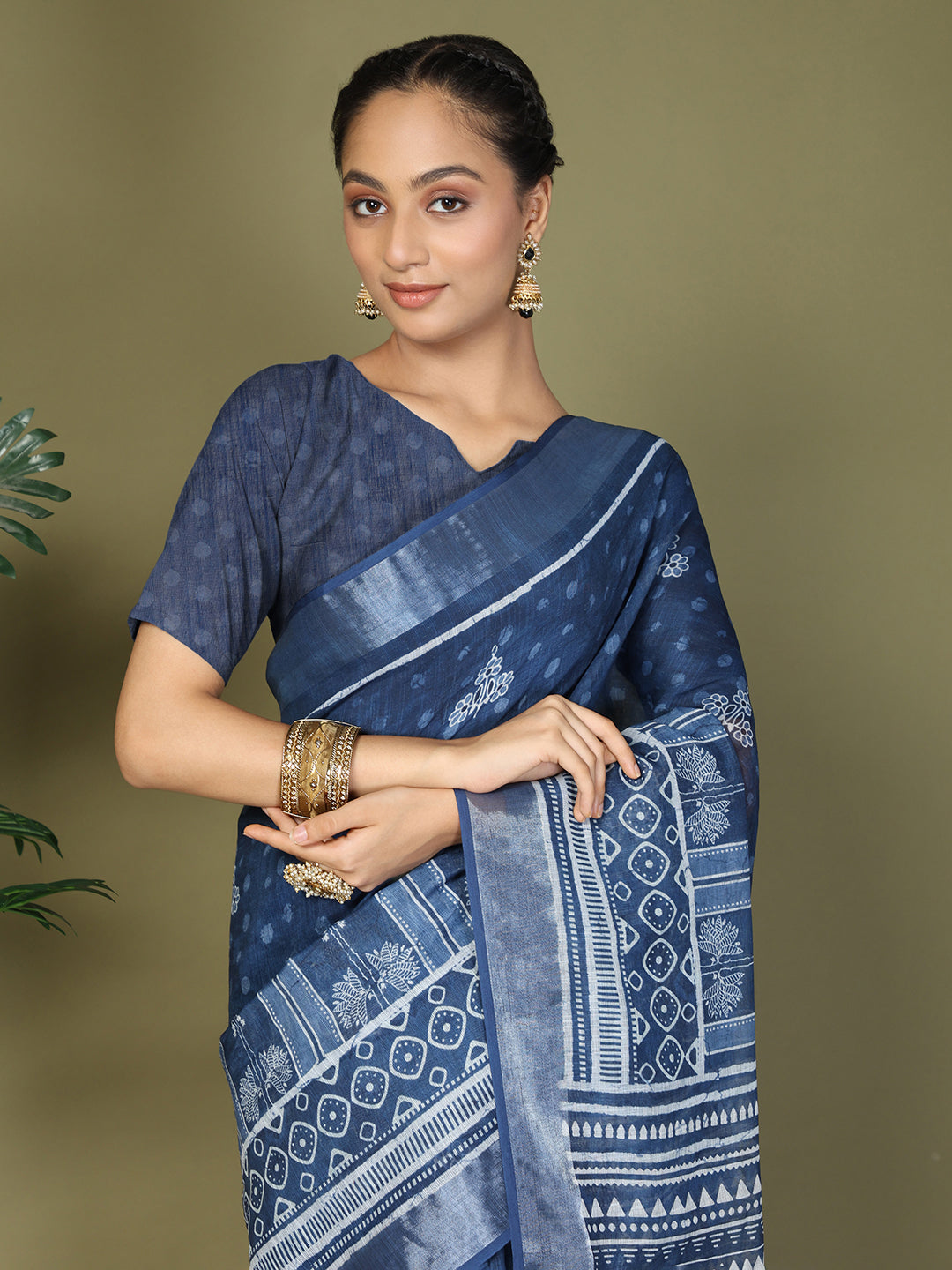 Ready to Wear Printed Cotton Linen Saree with Ethnic Designer Pallu & Border-Blue