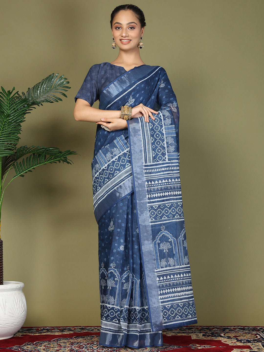 Ready to Wear Printed Cotton Linen Saree with Ethnic Designer Pallu & Border-Blue