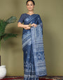 Ready to Wear Printed Cotton Linen Saree with Ethnic Designer Pallu & Border-Blue