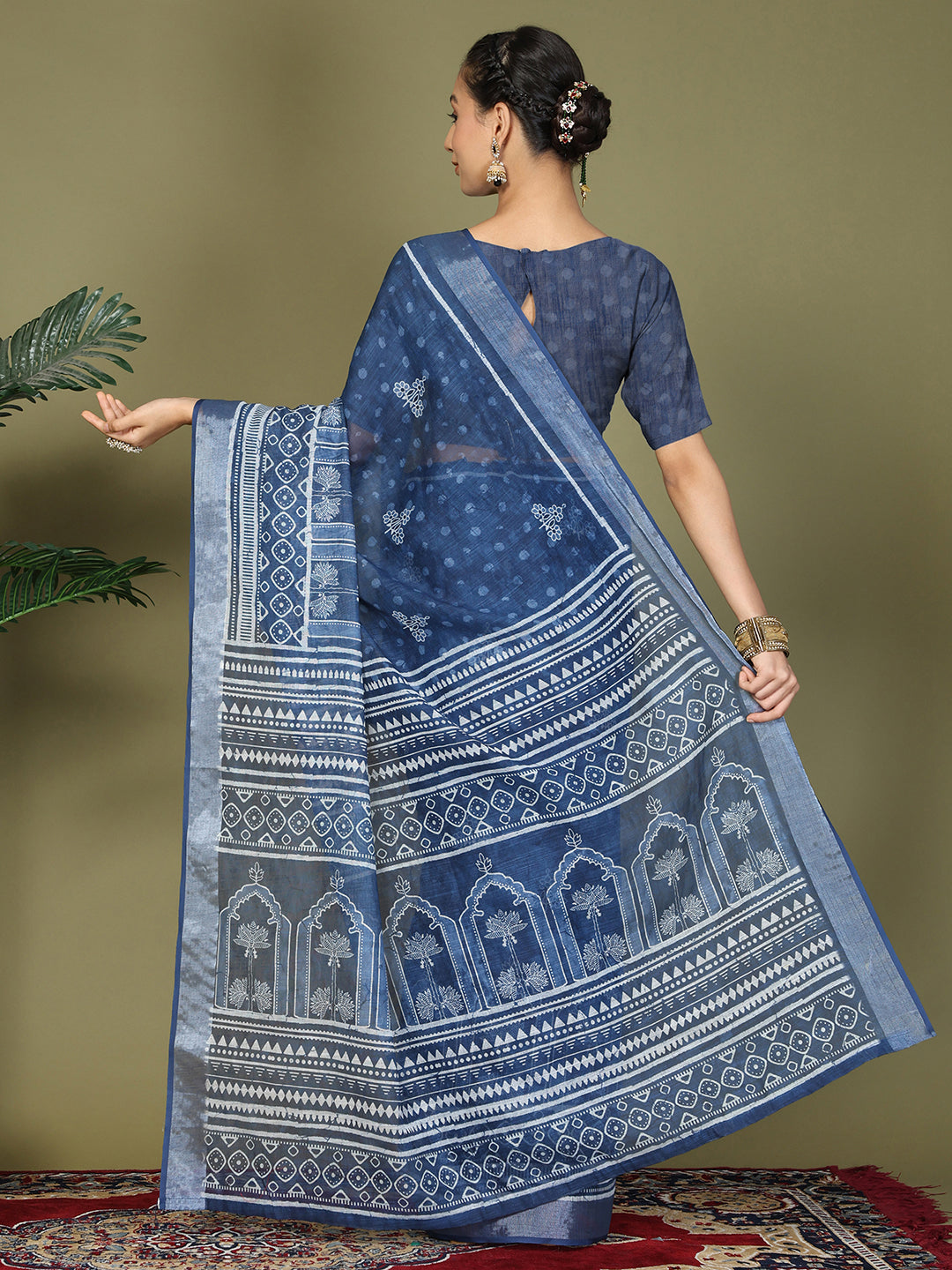 Ready to Wear Printed Cotton Linen Saree with Ethnic Designer Pallu & Border-Blue