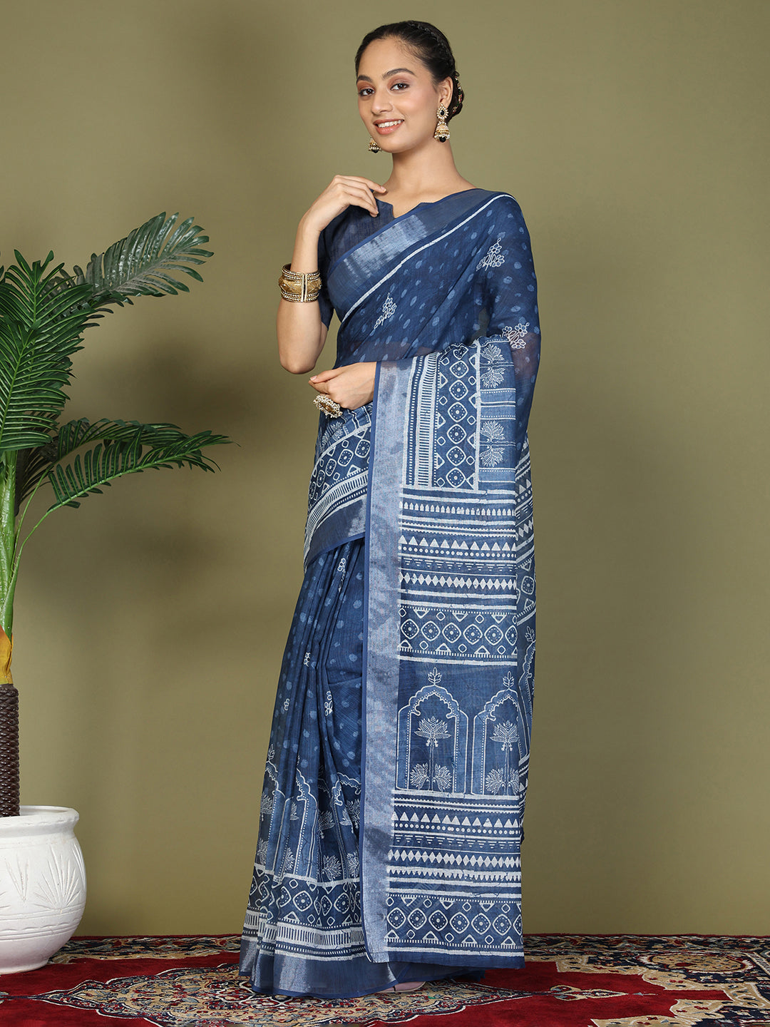 Ready to Wear Printed Cotton Linen Saree with Ethnic Designer Pallu & Border-Blue