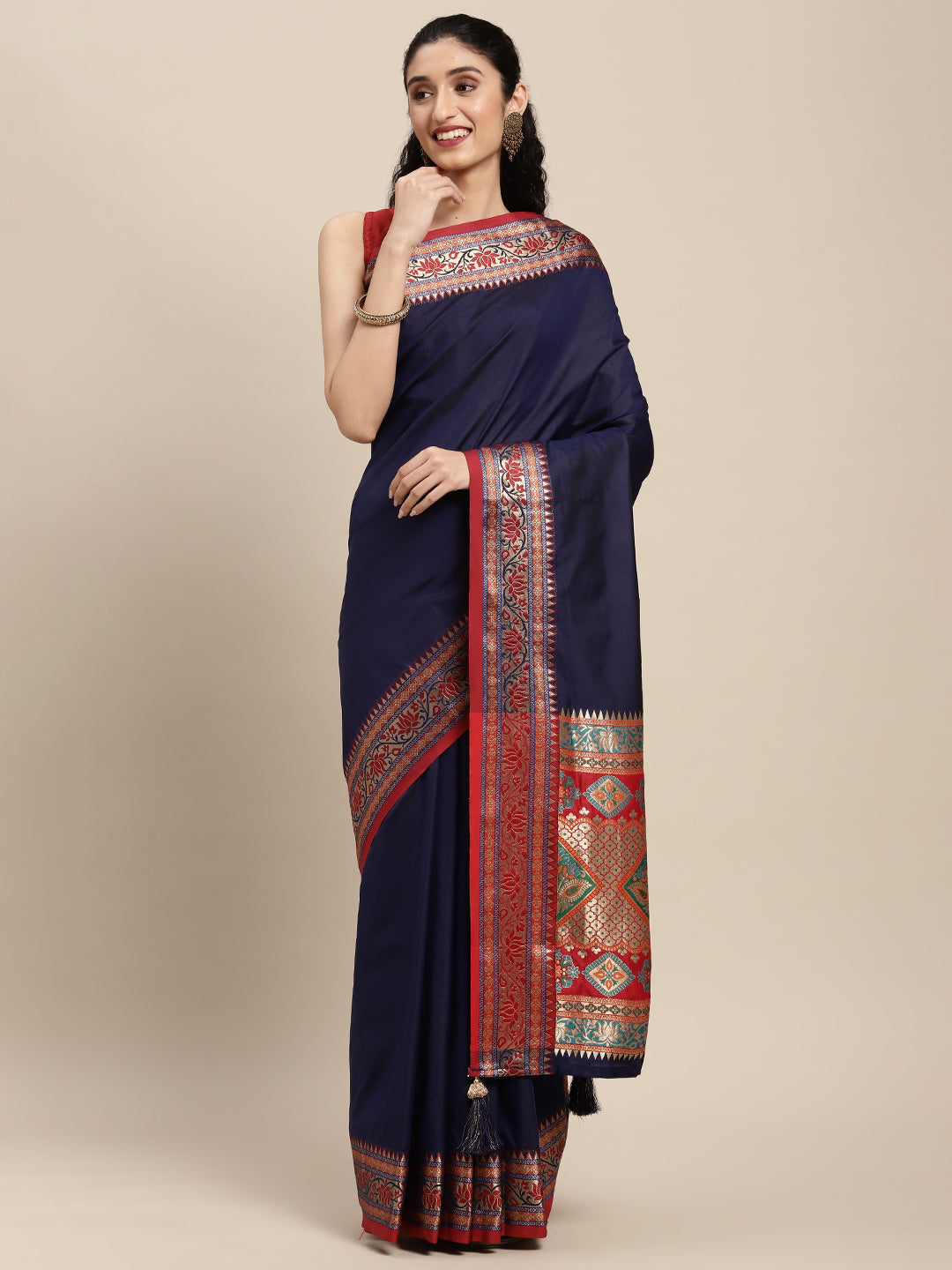 Traditional Woven Banarasi Silk Saree with Rich Designer Border & Grand Pallu-navyblue