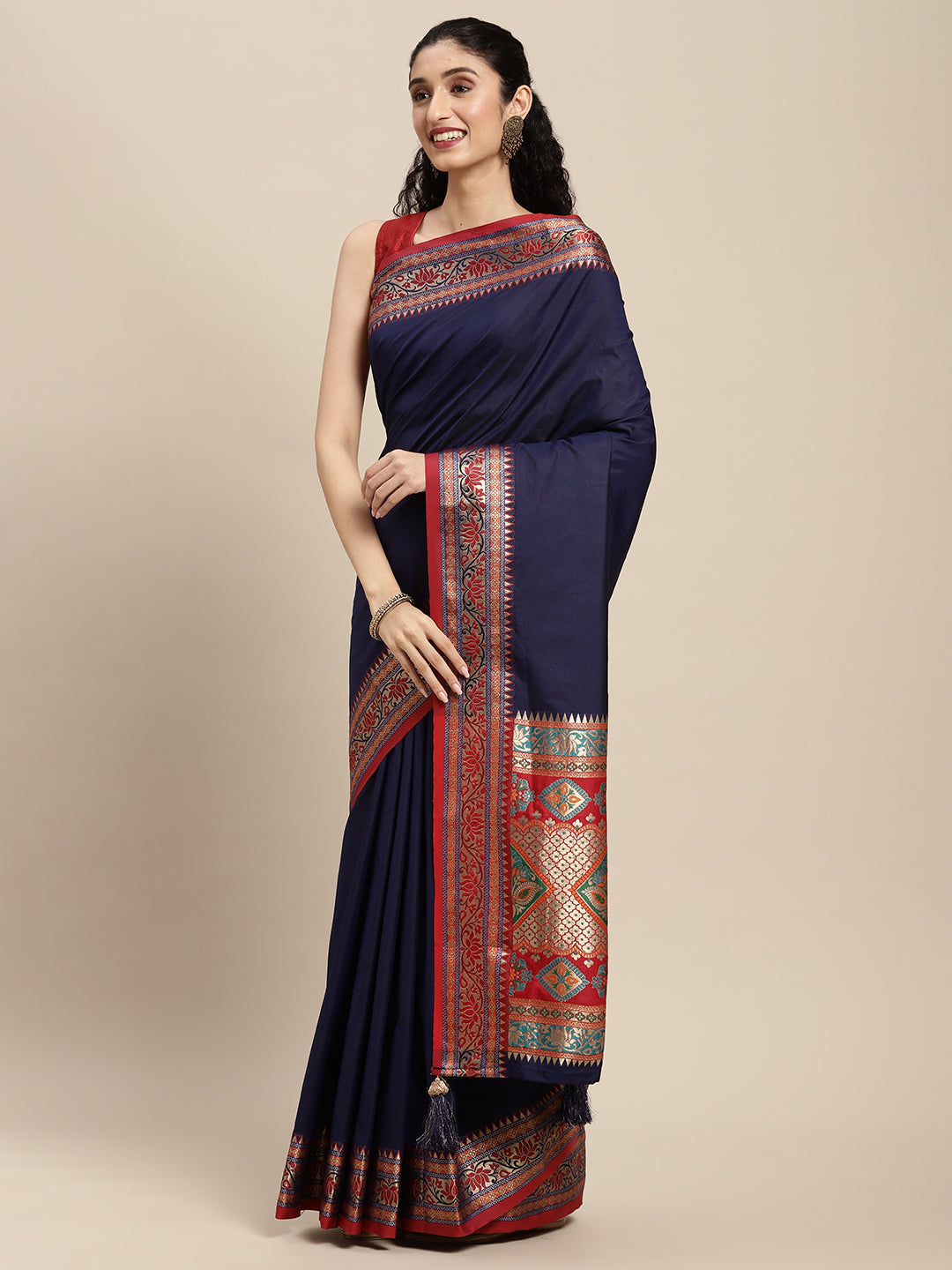 Traditional Woven Banarasi Silk Saree with Rich Designer Border & Grand Pallu-navyblue