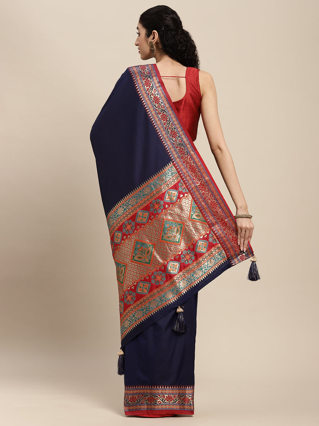 Traditional Woven Banarasi Silk Saree with Rich Designer Border & Grand Pallu-navyblue