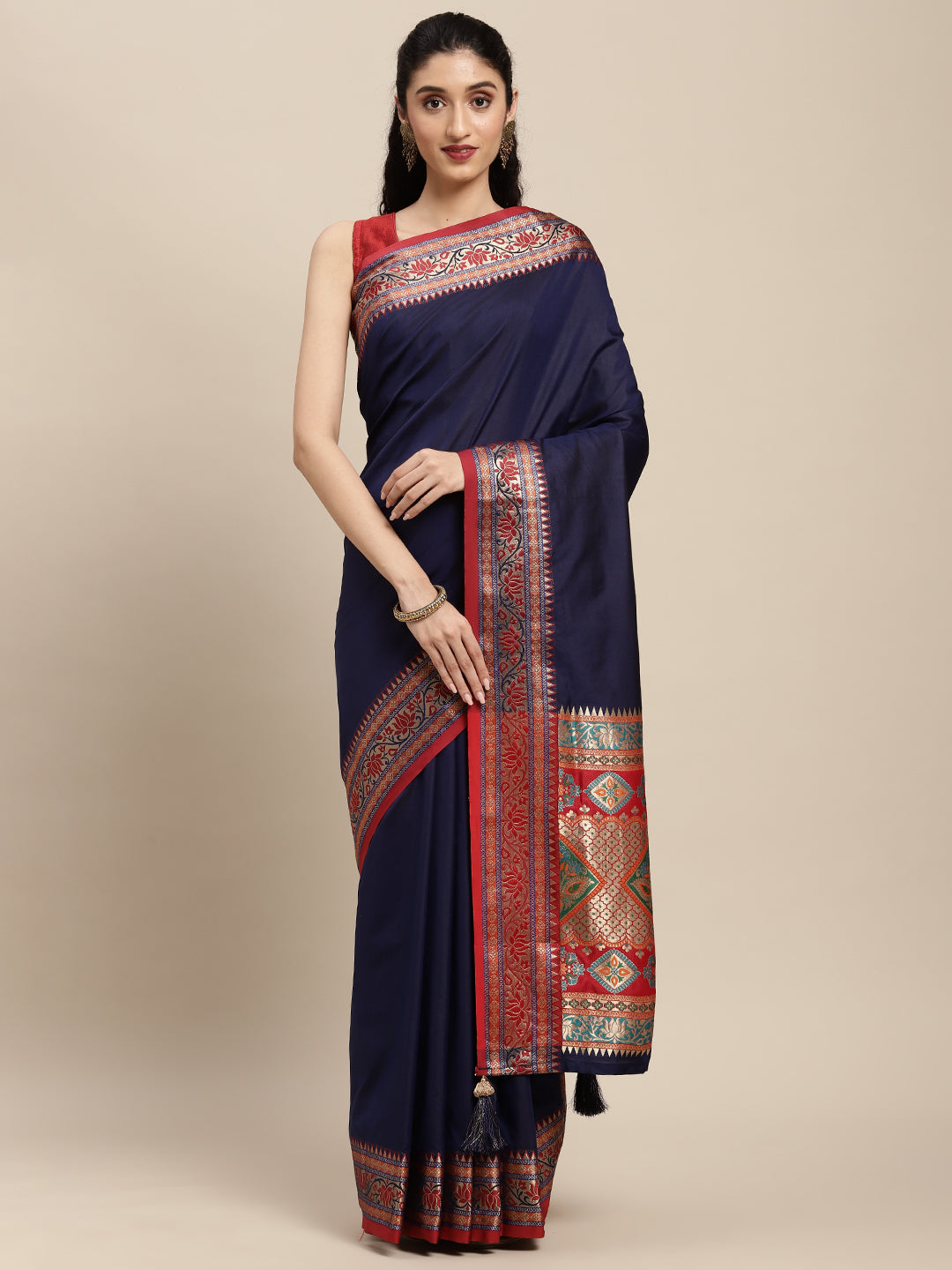 Traditional Woven Banarasi Silk Saree with Rich Designer Border & Grand Pallu-navyblue