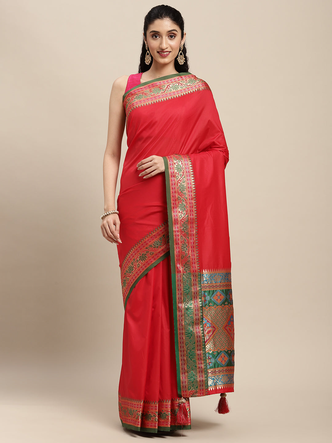 Traditional Woven Banarasi Silk Saree with Rich Designer Border & Grand Pallu-red