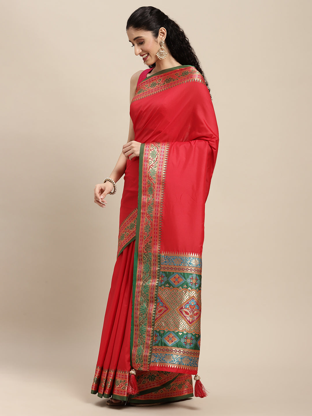 Traditional Woven Banarasi Silk Saree with Rich Designer Border & Grand Pallu-red